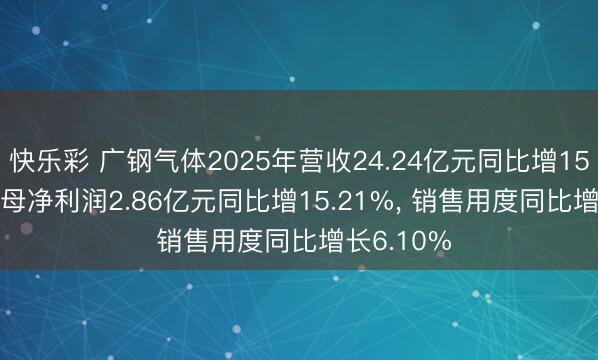 快乐彩 广钢气体2025年营收24.24亿元同比增15.26%， 归母净利润2.86亿元同比增15.21%， 销售用度同比增长6.10%